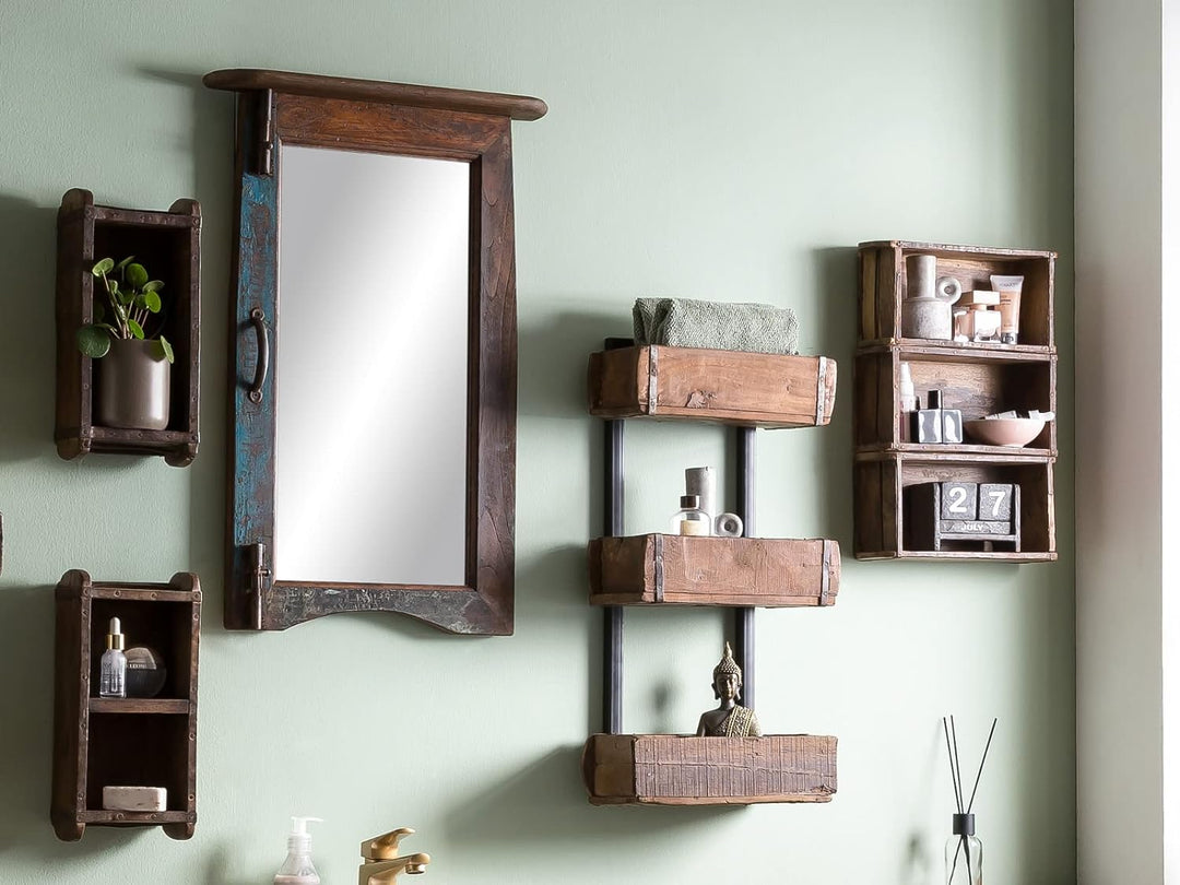 Woodkings® Holz Spiegel Fenster Design 45x68 recyceltes Altholz mit Ablage Vintage rustikal Möbel Ba