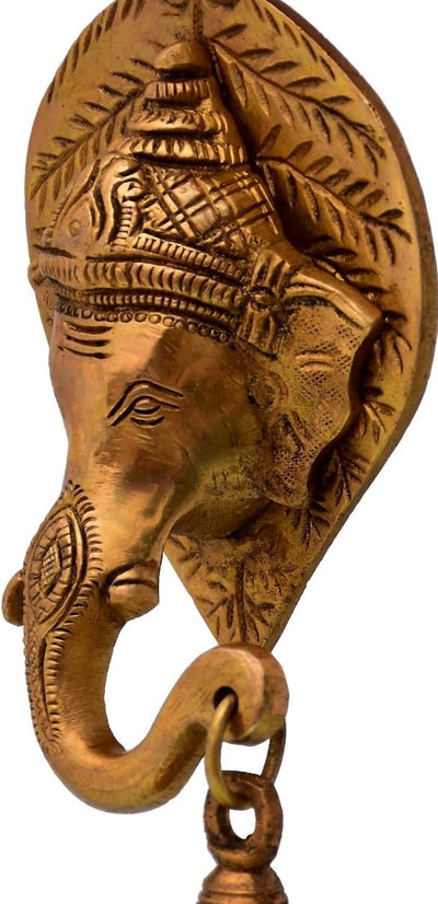 Purpledip Brass Wall Hanging Antique Finish Ganesha Bell (Set Of 2): Symmetrical Heads For Peace, Ha