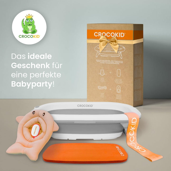 CROCOKID® Grosses Faltbares Baby-Badewannenset + 4 Unverzichtbare Zubehörteile – Tragbare XXL-Badewa