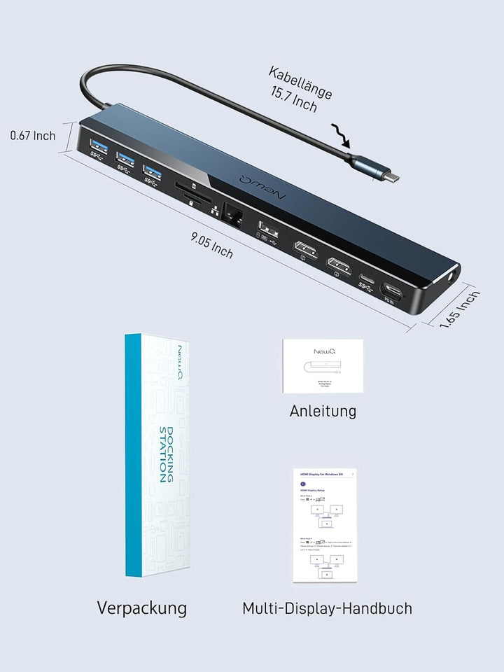 USB C Dockingstation Dual Monitor, 12-in-1 Laptop-Dock mit Dual HDMI 4K @ 30~60Hz, PD-in 100W, 5Gbps