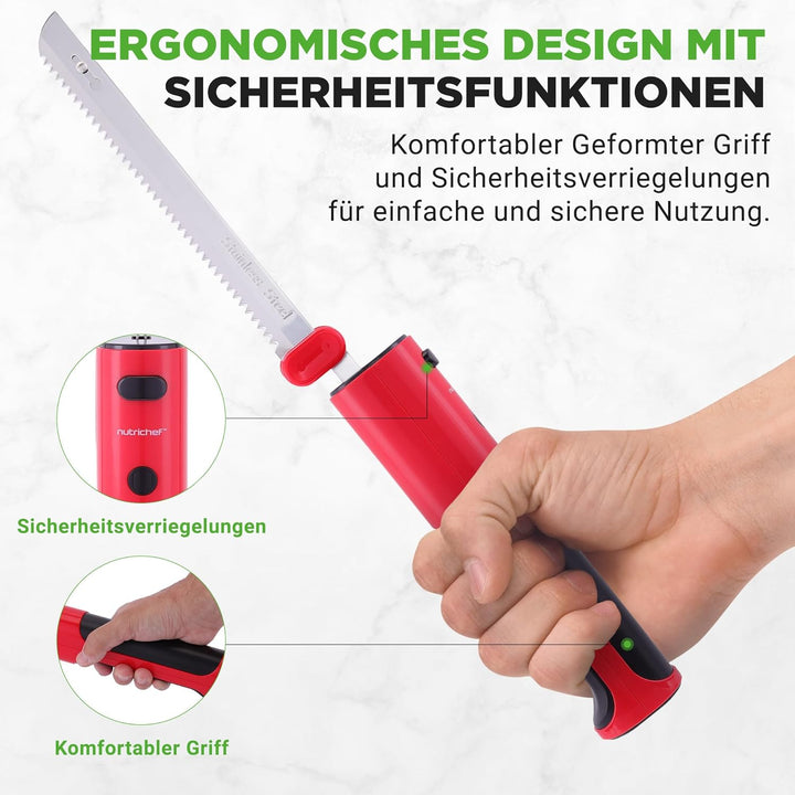 NutriChef Elektrisches Küchenmesser – Akku-Messer mit Edelstahlklingen, USB-C, Rot Für Truthahn, Fle