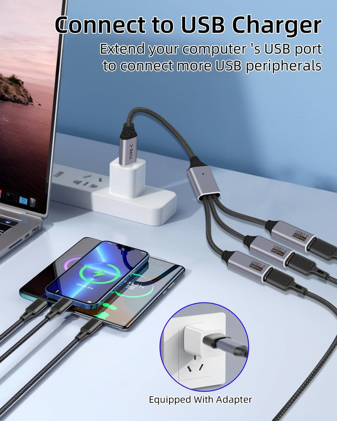 USB C Splitter 3 Port 1 Stecker auf 3 Buchse, 1 in 3 Ausgang USB C Extender Hub Daten und Stromverso