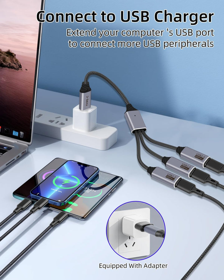 USB C Splitter 3 Port 1 Stecker auf 3 Buchse, 1 in 3 Ausgang USB C Extender Hub Daten und Stromverso