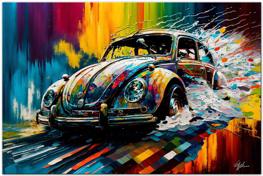 PRINTONIA Bild auf Leinwand 120x80 cm Volkswagen VW Käfer Oldtimer Abstrakt Grafik Art Automobil Bil