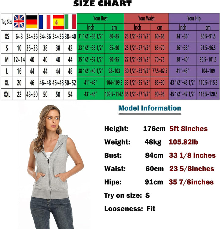MISS MOLY Damen Ärmellos Kapuzenpullover Sweatjacke Hoodie Sweatshirt Weste mit Reissverschluss XL H