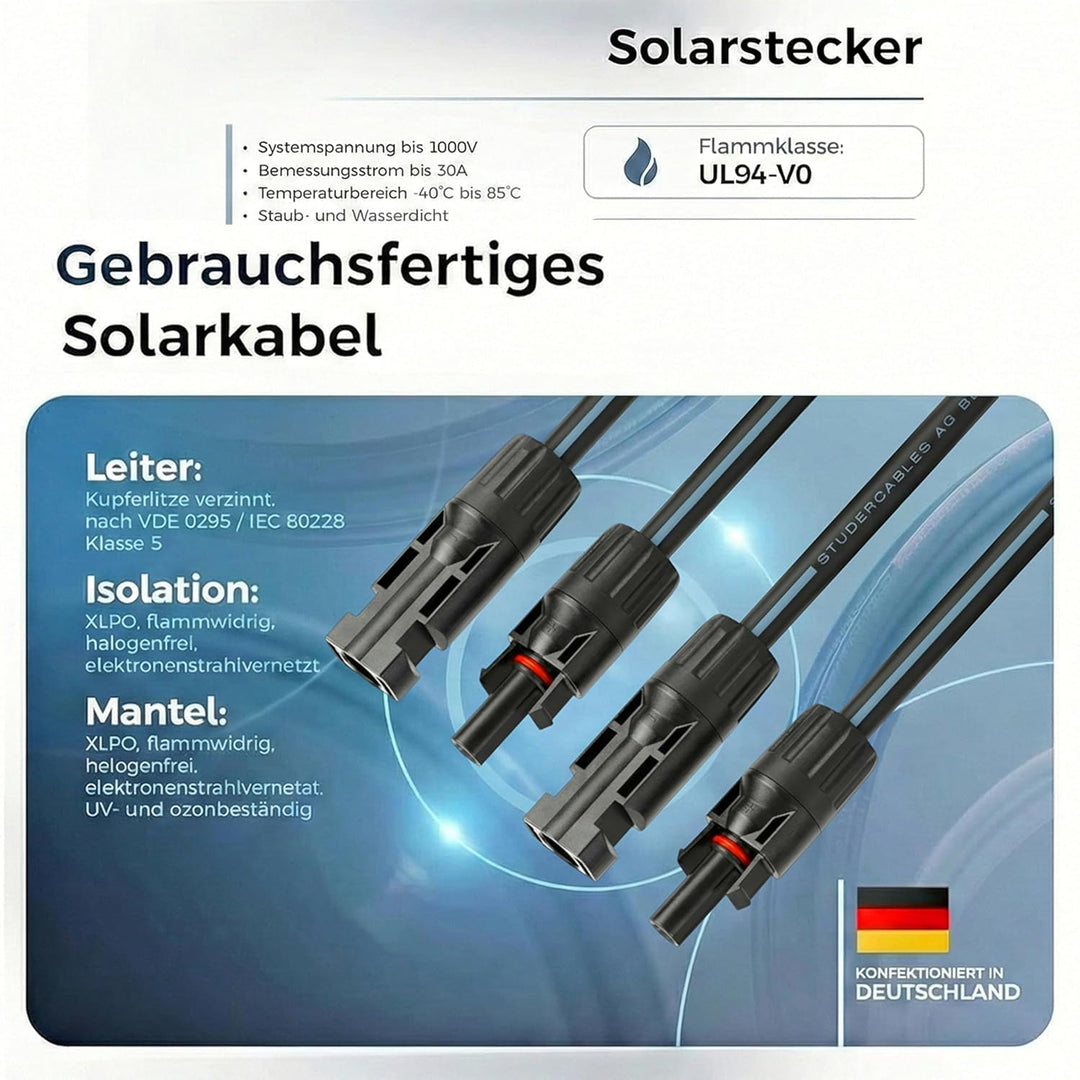 Solarkabel 2 x 10 Meter 4mm² mit Solarstecker (1/2/3/5/10m, 4mm²/6mm²) Stecker beidseitig montiert,