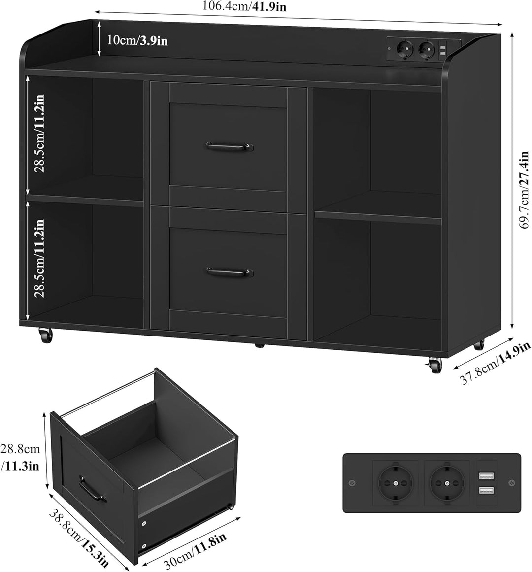 HOCSOK Aktenschrank, Rollcontainer mit Steckdosen, Schubladenschrank mit Rollen, 108 * 37.8 * 76, 5