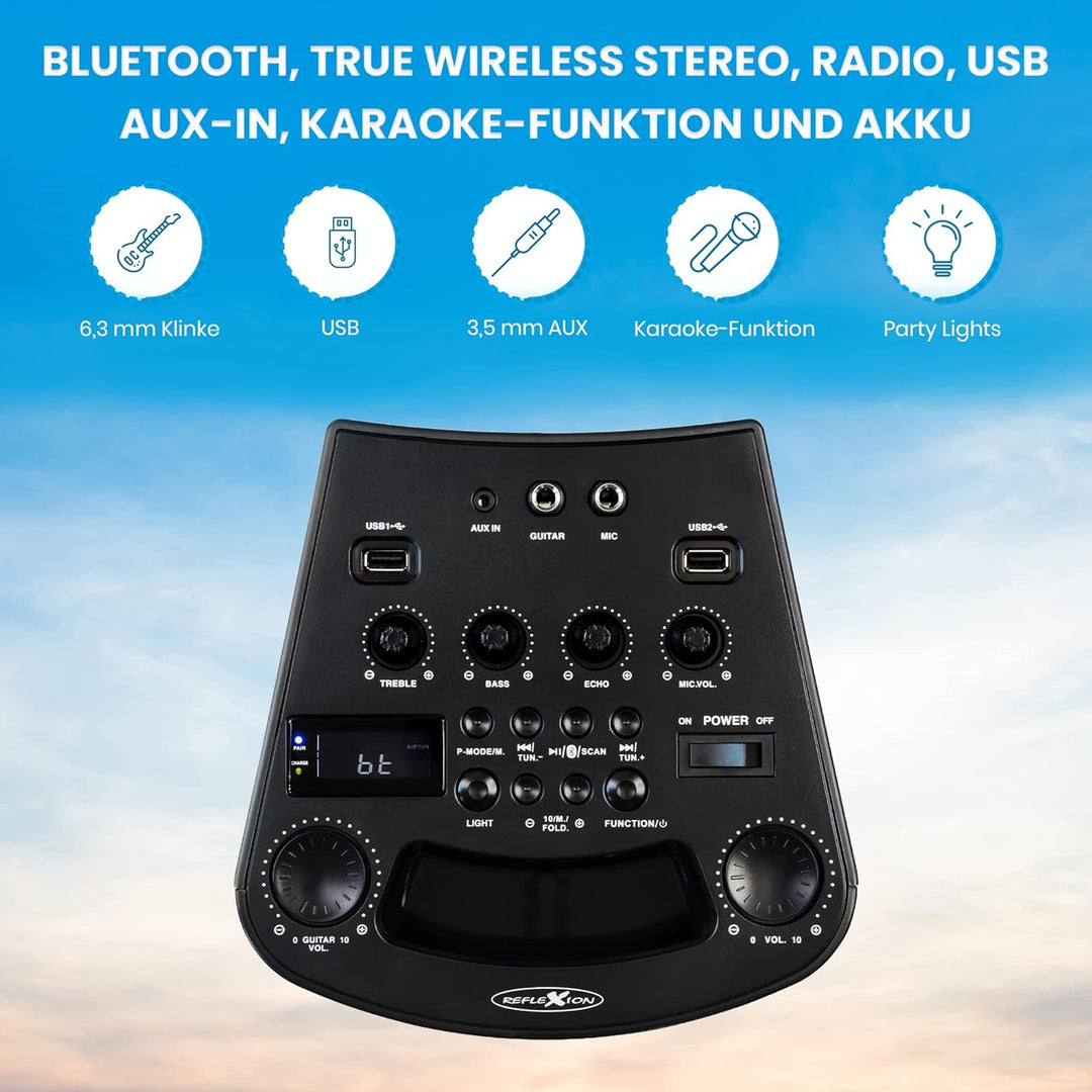 Reflexion PS07BT Mobile Discosoundmaschine (Bluetooth, True Wireless Stereo, Radio, USB, AUX-IN, Kar