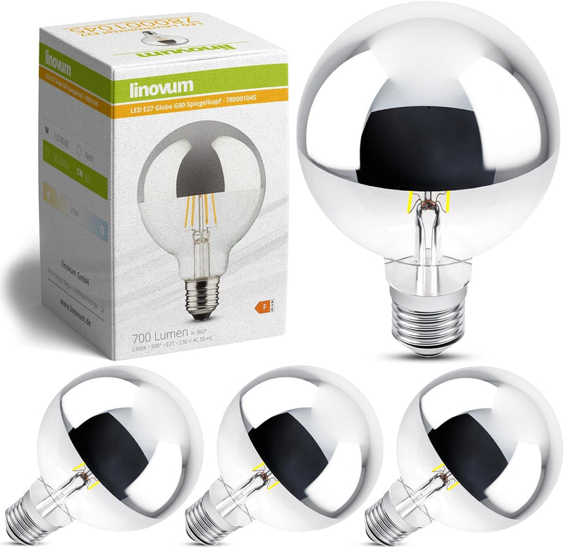 linovum LED Kopfspiegel Birne E27 mit 7W warmweiss - Globe Spiegelkopf Glühlampe mit verspiegeltem K