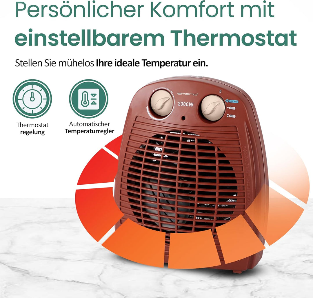 EMERIO Heizlüfter 2000W | klein leicht kompakt portabel | für ca. 25m² | 2 Heizleistungen + Ventilat