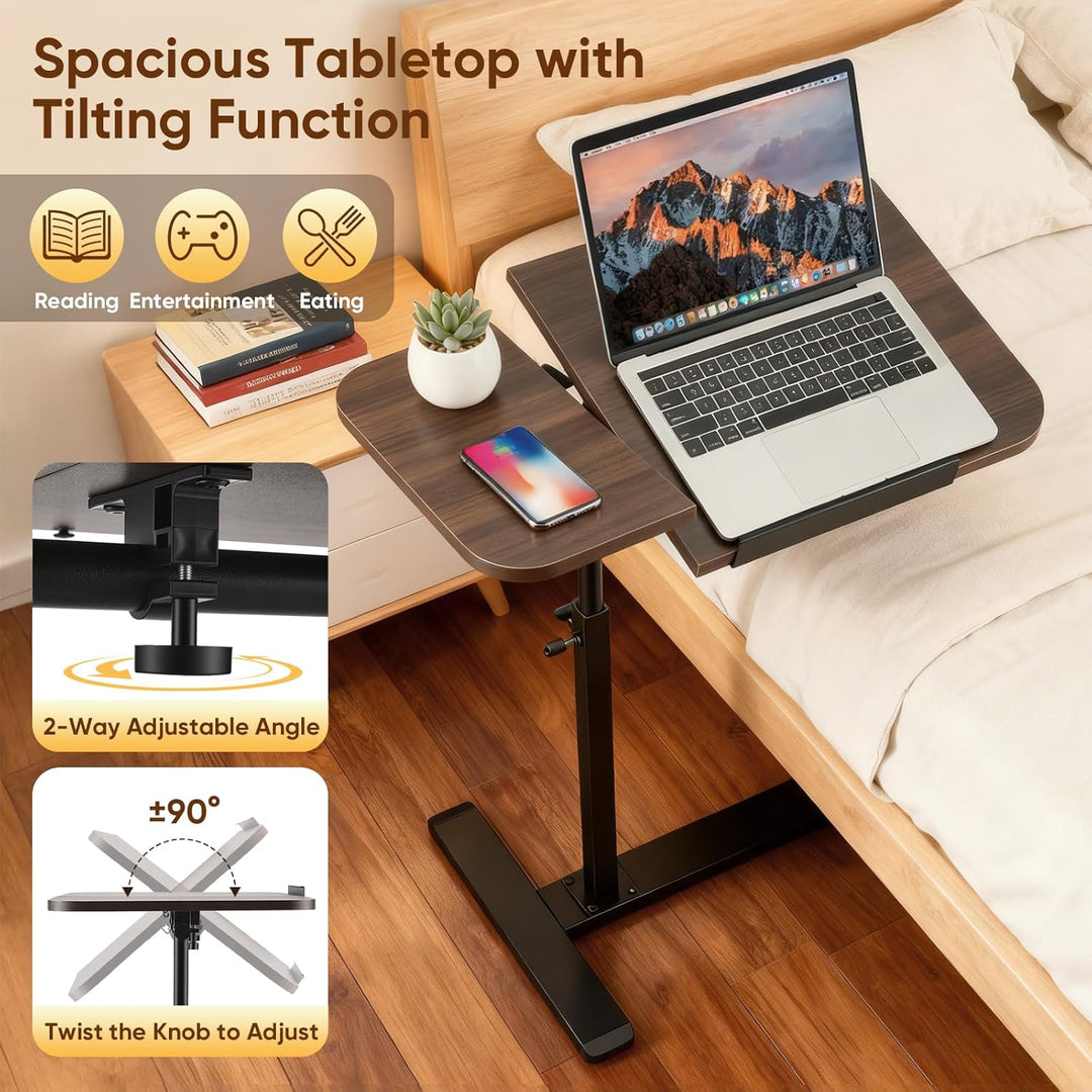 60×40cm Laptop Beistelltisch mit Rollen, Mobiler Betttisch mit neigbarer Arbeitsplatte, Laptoptisch