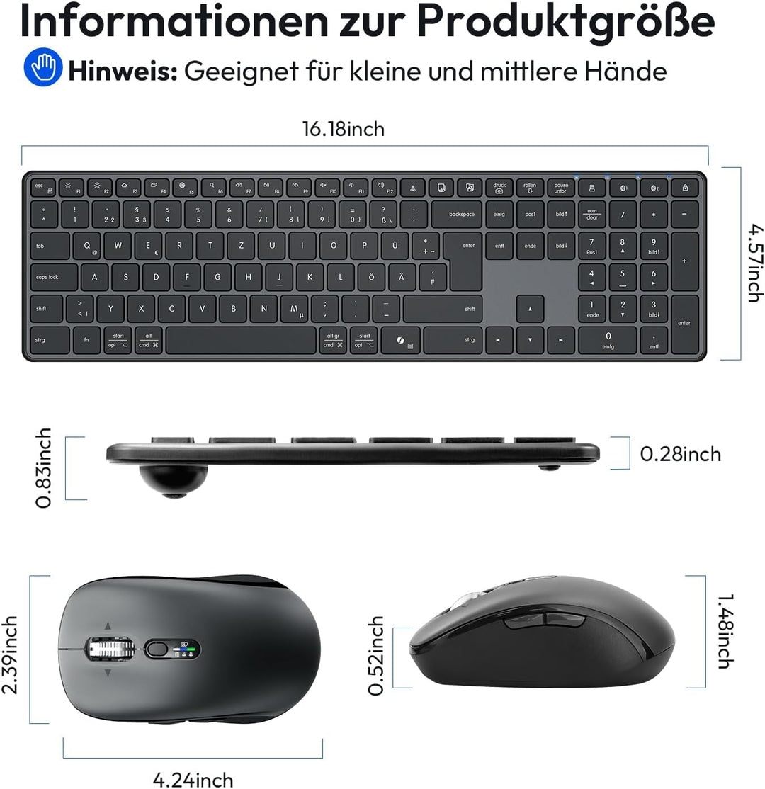 kabellose Bluetooth Tastatur- und Maus Kombination, Ultradünne und leise, mit 2,4-GHz-Funk und duale