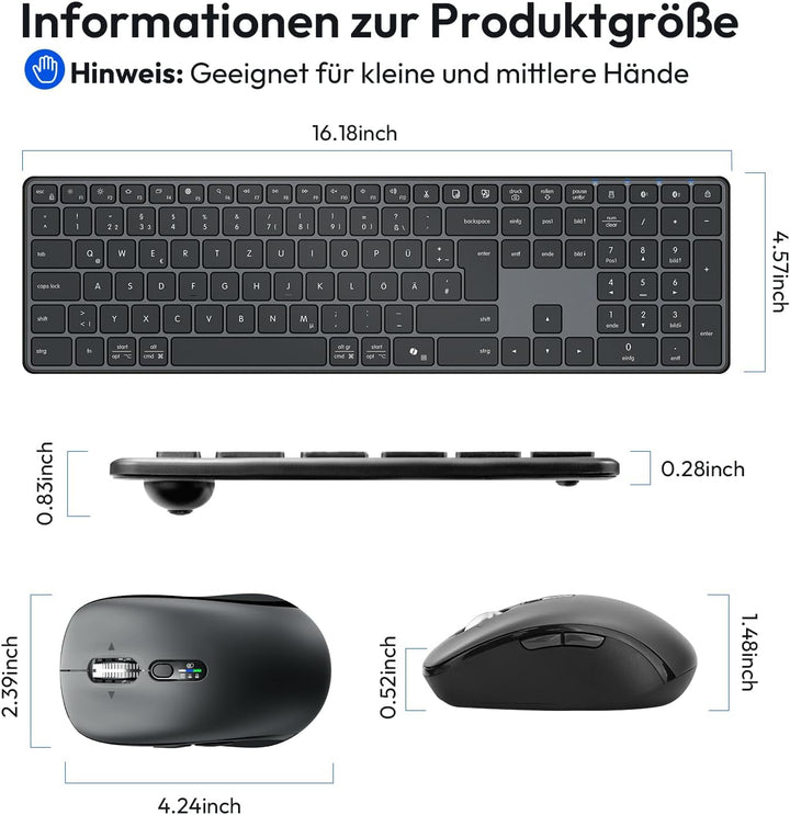 kabellose Bluetooth Tastatur- und Maus Kombination, Ultradünne und leise, mit 2,4-GHz-Funk und duale