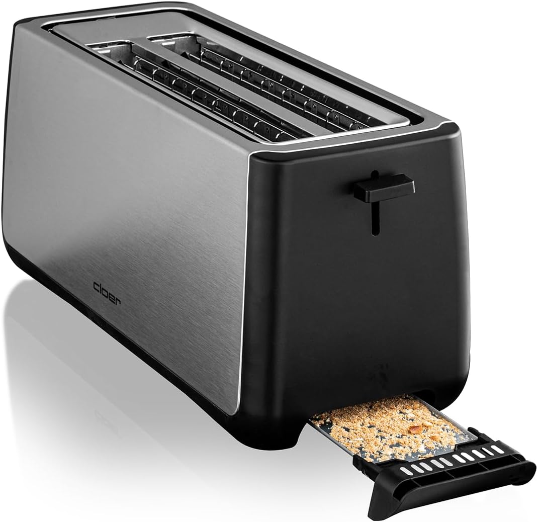 Cloer 3579 King-Size Toaster für 4 XXL Scheiben, Check-Funktion, Edelstahlgehäuse, 1500 Watt, schwar
