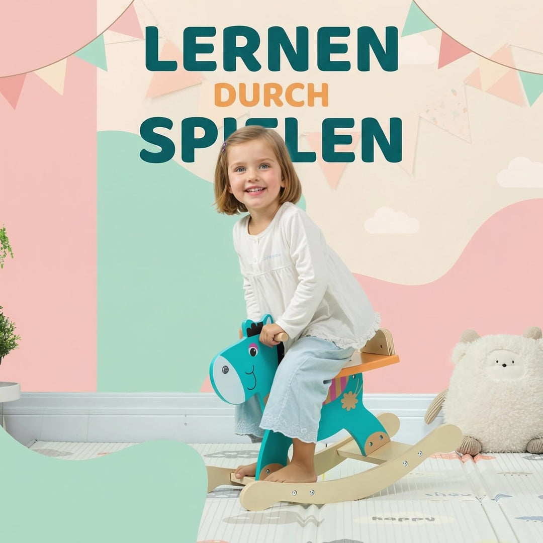 AIYAPLAY Schaukelpferd Holz, Kinder Schaukeltier mit Haltegriffen Schaukeltier Esel für Kinder von 2