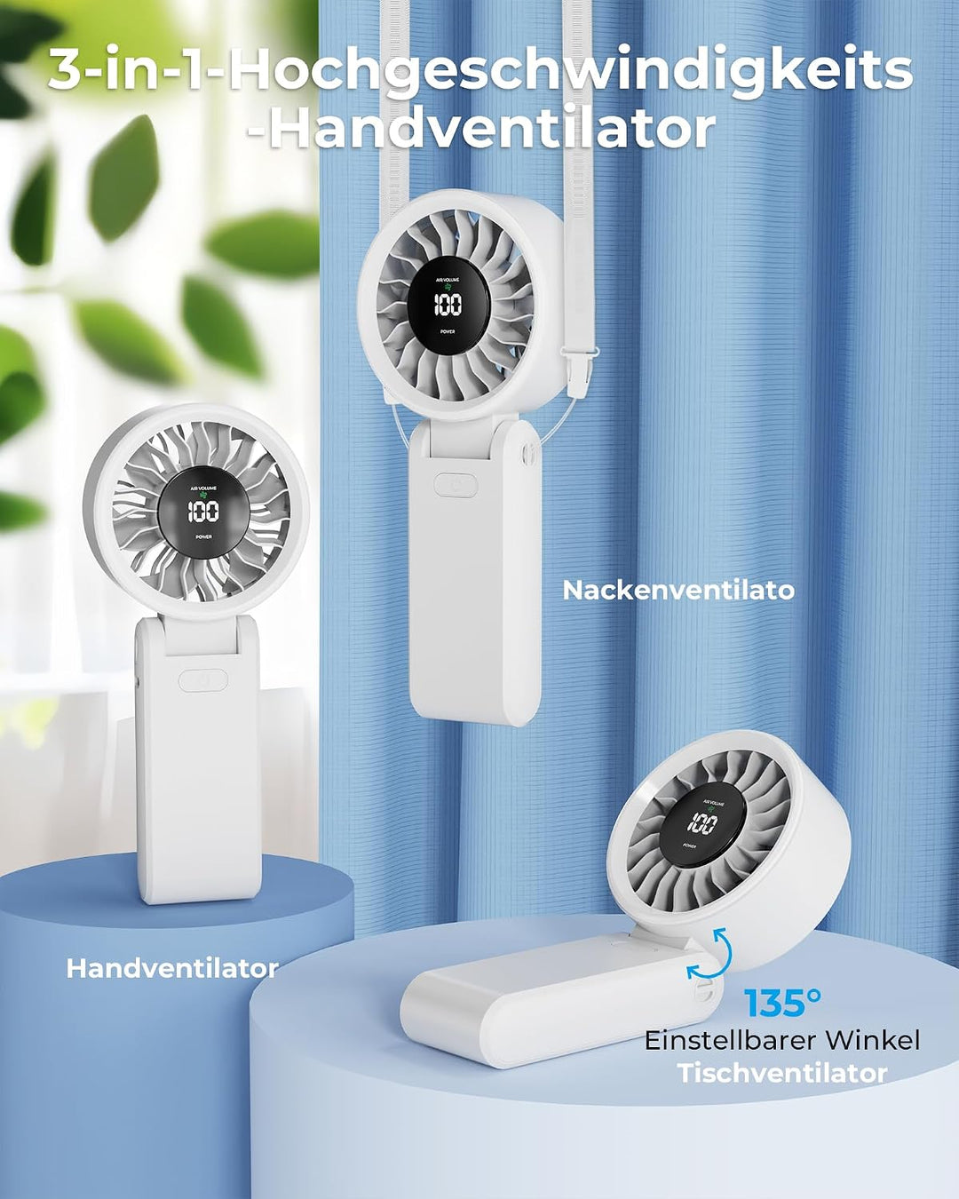 Tragbarer Ventilator - Wiederaufladbar per USB-C, Ventilator mit 5000-mAh-Akku und digitaler Anzeige