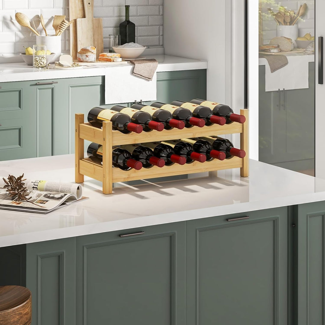 COSTWAY Weinregal Bambus für 12 Flaschen, Flaschenregal mit 2 Etagen, Flaschenhalter für Keller, Küc