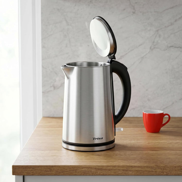 Trisa Wasserkocher Edelstahl 1,5L Silber, Doppelwandig und Cool-Touch,Strix, Silber