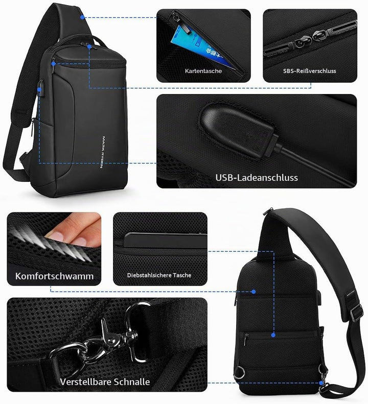 Muzee Umhängetasche，wasserdichter Crossbody Rucksack ，Diebstahlsicherung Rucksack mit mehreren Tasch