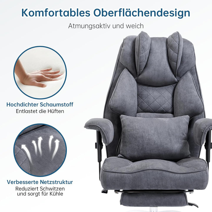 Ergonomischer Bürostuhl 200kg, Chefsessel mit Fussstütze, Schreibtischstuhl mit Lendenkissen, Bequem