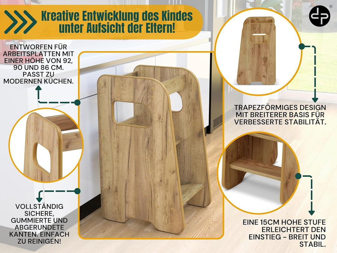 Lernturm ab 1 Jahr - 3 Stufen Höhenverstellbar, Sicher & Stabil - Learning Tower mit Kippschutz - Le