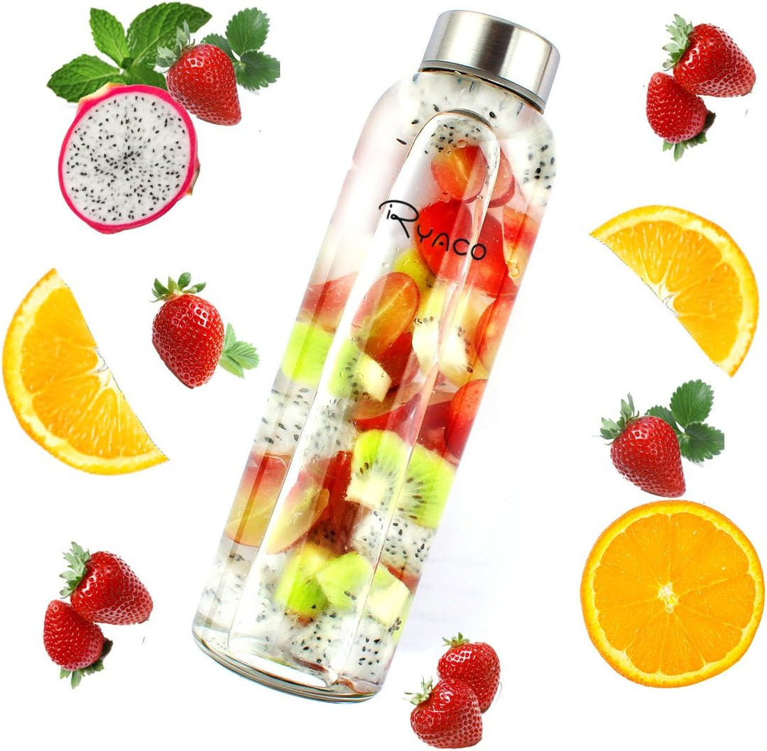 Ryaco Trinkflasche aus Glas 550ml/750ml/1000ml/1L,Glasflasche mit Neoprenhülle,Glastrinkflasche mit