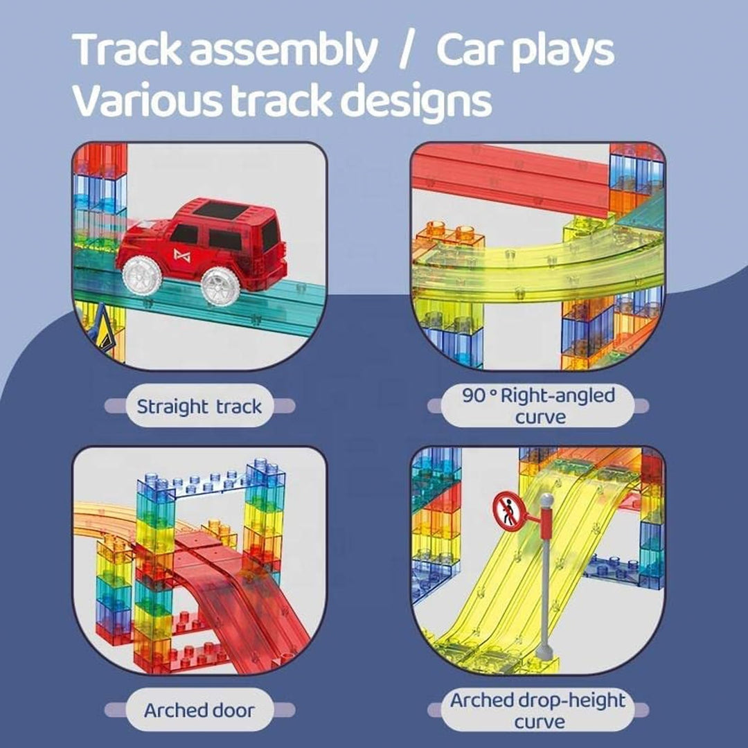CELMAN Magnetische Bausteine Autorennbahn, 63 Stück Set 3D Magnet Bausteine Auto Rennbahn, Magnetbau