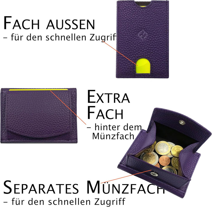 Kleines Portemonnaie Damen mini, Reise Geldbörse, viele Fächer, Echtleder lila, RFID Blocker, Münzfa