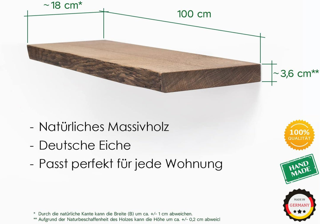 Wandregal Holz Eiche massiv dunkel - Handgefertigtes Regal mit Baumkante Bücherregal Holzregal Wandb