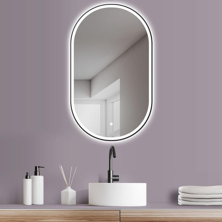 HOKO Design Bad Spiegel oval 50x90 cm / 90x50 cm Parma+ Metall Rahmen Schwarz. HOCH+QUER Montage. LE