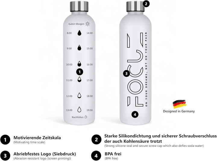 FOCUZ® Motivational Bottle 1 L mit motivierender Zeitmarkierung, Trinkflasche 1l, 1 Liter - auslaufs