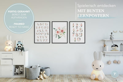 Papierschmiede® Kinderbilder 3er Set Lernposter, A4 gerahmt in Holzrahmen (schwarz), Geschenk für Mä