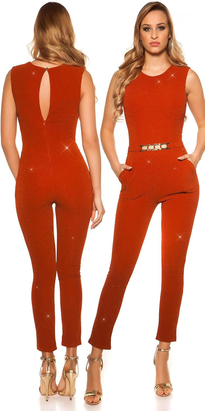 Koucla Damen Overall Jumpsuit Playsuit mit Schnalle Ocker (Glitzer) XXS
