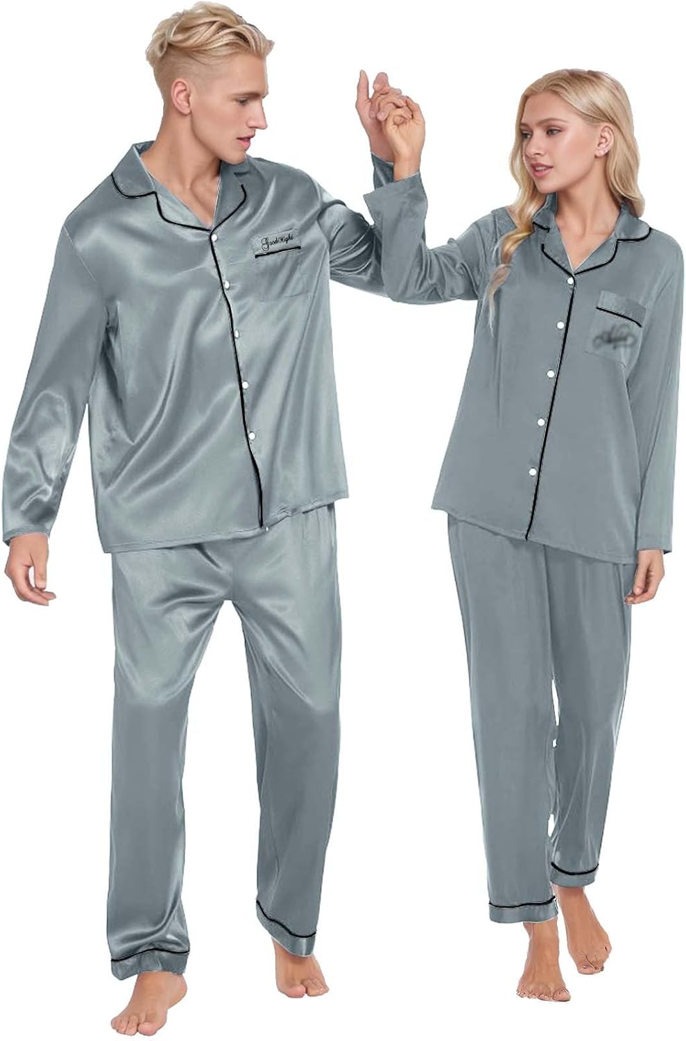 Damen Pyjama Satin Schlafanzug Set,Damen Seidensatin Pyjama Set 2Pcs Langarmhose Chinesischer Stil N