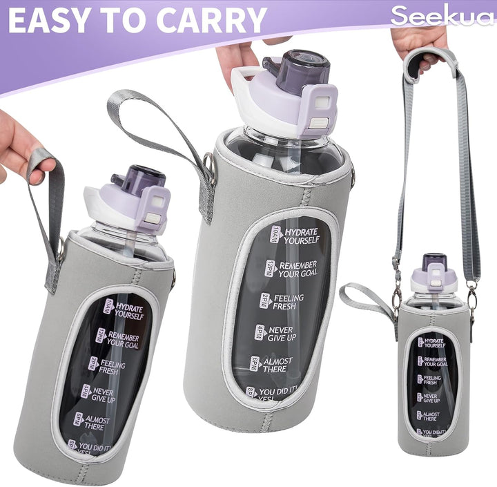 Seekua 2l Sport Trinkflasche Glas Flasche mit Strohhalm & Zeitmarkierung auslaufsicher bpa frei 2 li
