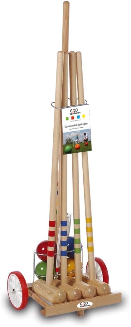 GICO Qualitäts Krocketwagen/Krocket/Croquet für 4 Spieler aus Holz im Transportwagen. Der Outdoor/Ga