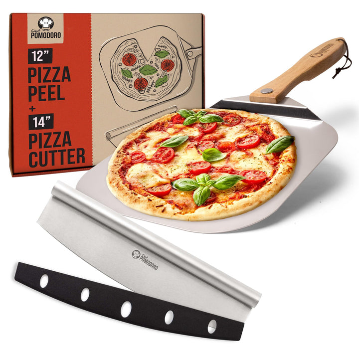 Chef Pomodoro - Pizzaschieber (30 x 36 cm) und Pizzaschneider (36 cm) - 2er Set - Premium Pizza Set