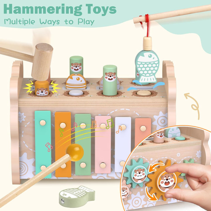 Holz Montessori Spielzeug für Kleinkinder 1-3 Jahre, Baby Hammerbank mit Xylophon &amp; Angelspiel, Auto