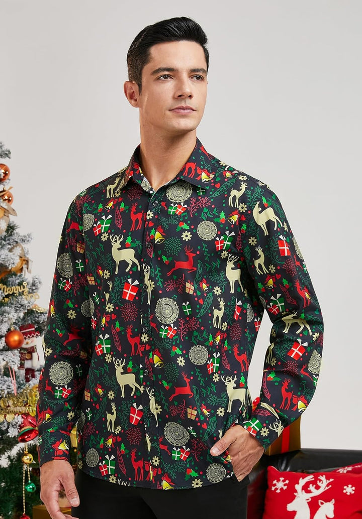 HISDERN Weihnachtshemden für Herren, langärmelig, Button-Down-Shirt, Urlaub, lustige Weihnachts-Shir