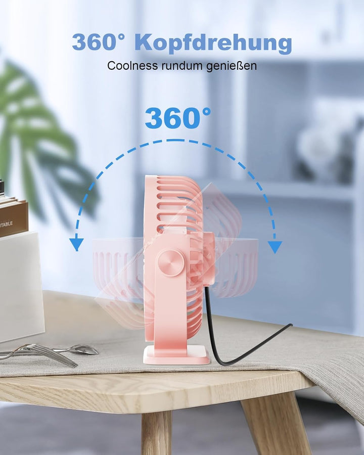 TriPole Mini Ventilator mit 3 Gang, USB Tischventilator Leistungsstark, 360° Neigung, Tragbar für Bü