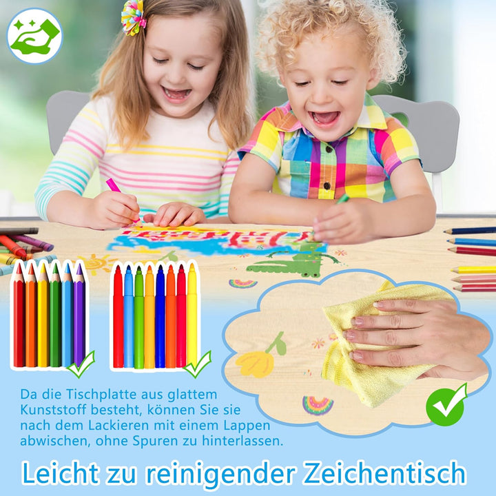 AufuN Kindertisch mit 2 Stühlen, Kindertischgruppe mit Verstellbarer Höhe, Kinderzimmertisch & -stuh
