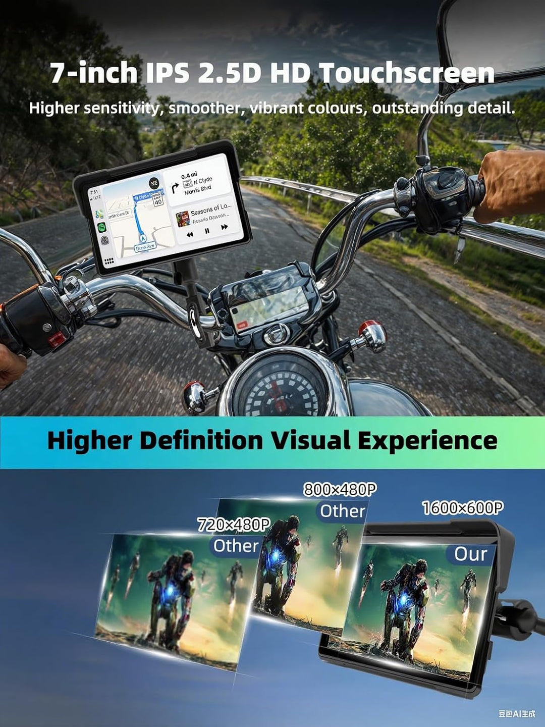 2026 Jansite 7 Zoll Motorrad Carplay Android Auto, 2,5D IPS Motorrad Display IP67 Wasserdichter Navi