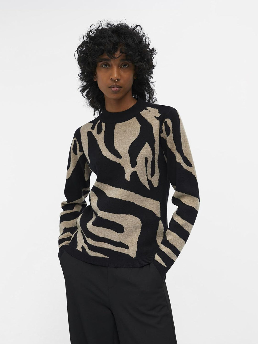 Object Damen Objray L/S Knit Pullover AOP Noos Strickpullover XS Black/Aop:fossil Big Animal Jaquard