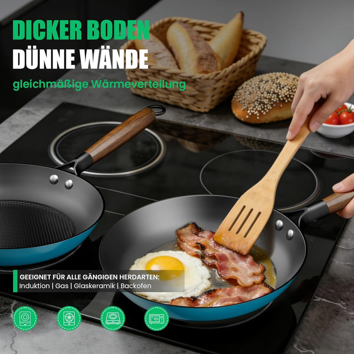 YUTANN Gusseisenpfanne, Nonstick Frying Pan, Pfannen 24cm mit Abnehmbarer Holzgriff, PFAS-Frei, PFOA