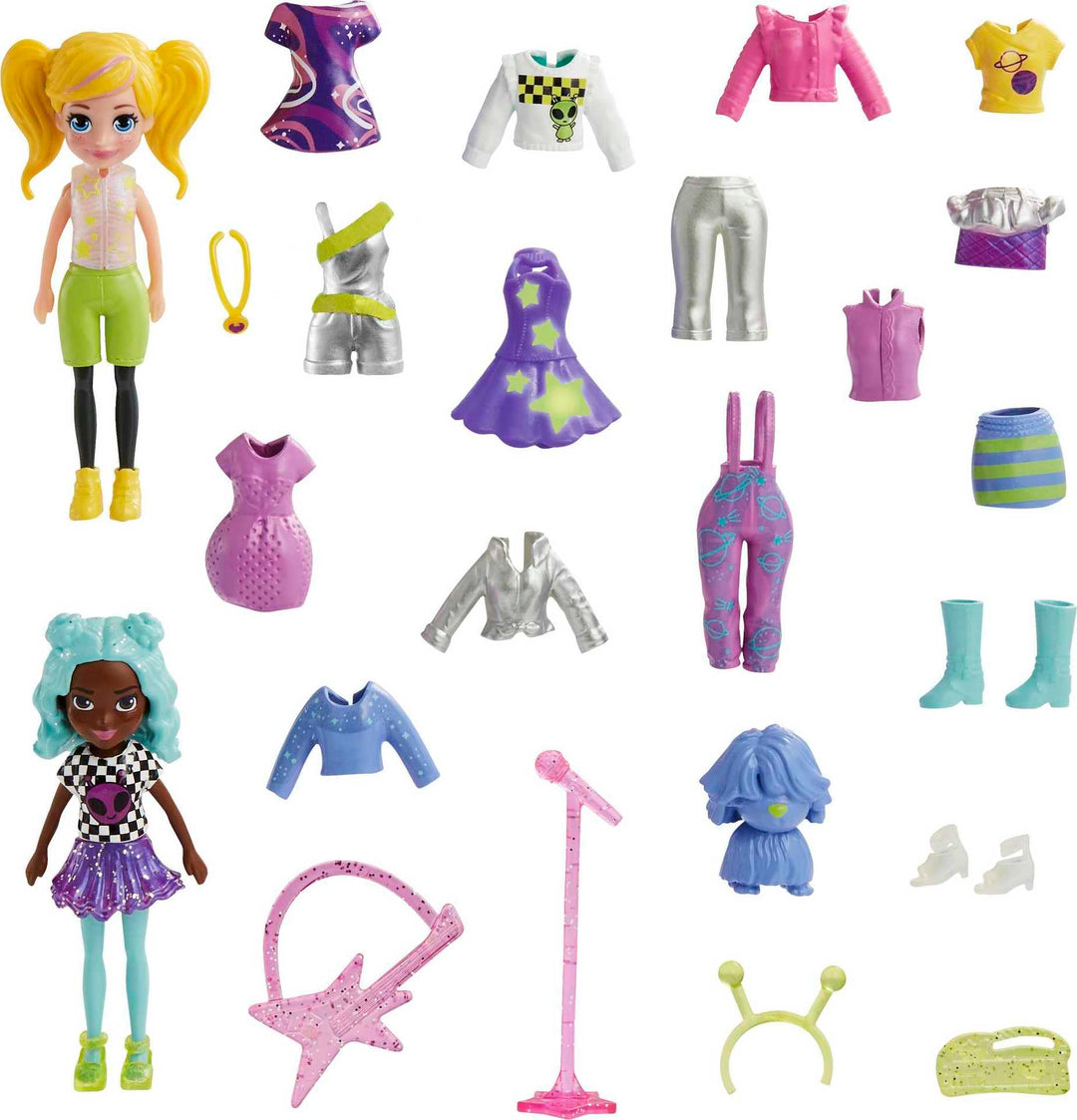 Polly Pocket Reisespielzeug mit zwei 7,5 cm Puppen und 25 Accessoires, Modepaket für den Aussenberei