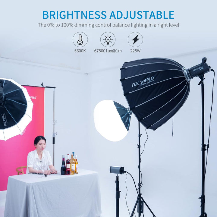 FEELWORLD FL225D 5600K Tageslicht Videostudioleuchte 225W Dauerlicht CRI96+ TLCI97+ 675001ux@1m für
