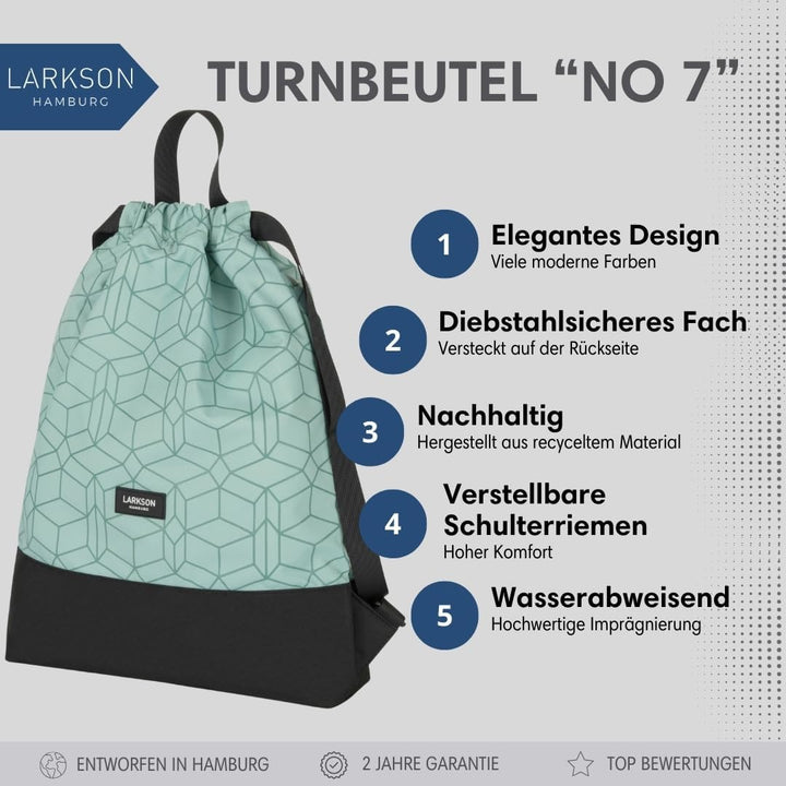 LARKSON Turnbeutel Damen &amp; Herren Mint - No 7 - Rucksack Damen für Sport und Festival - Beutel Rucks