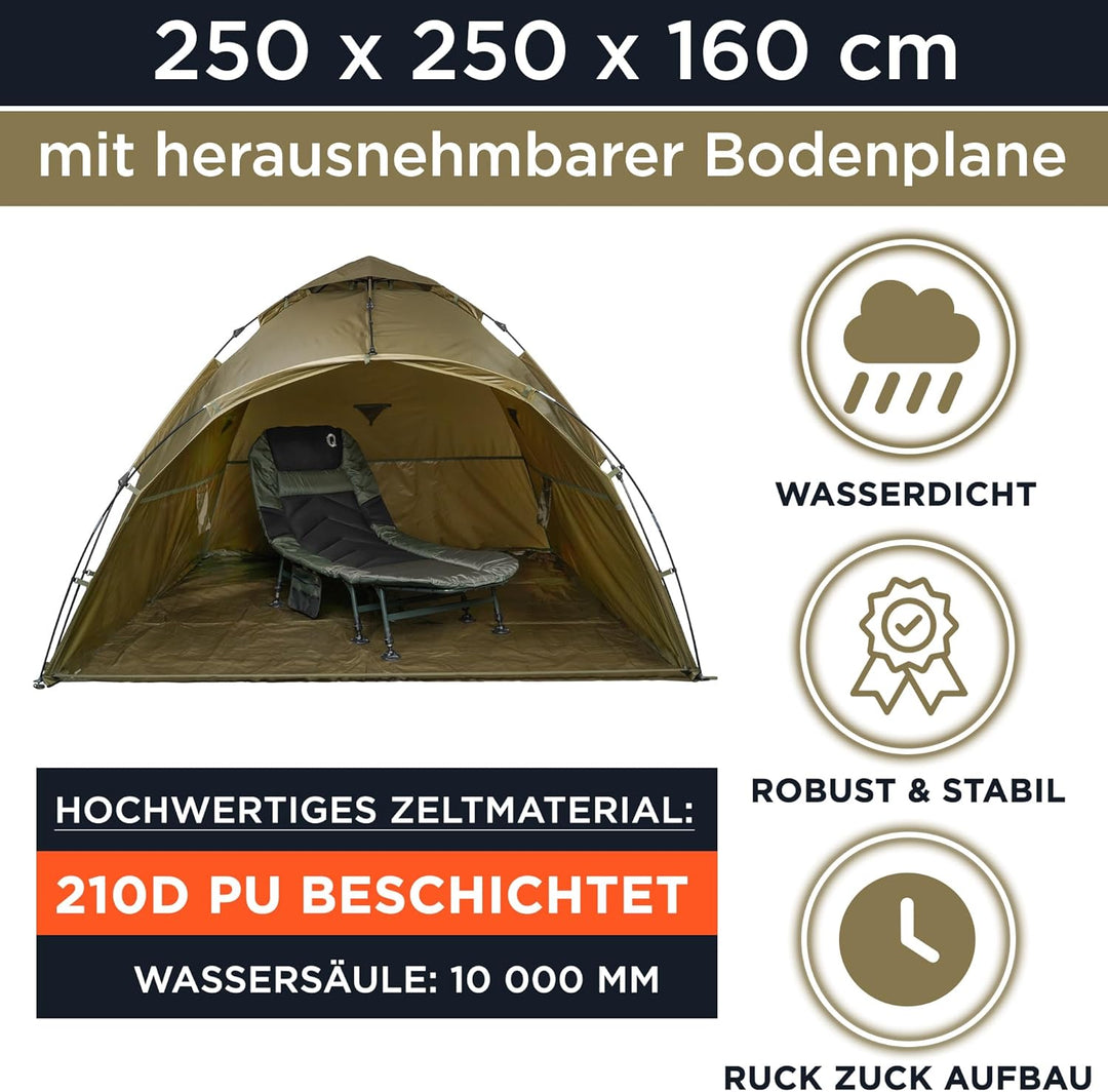 Q-Tac Ruck Zuck Bivvy Angelzelt Vorne Geöffnet, 2 Mann Karpfenzelt, Angel Zelt 250 cm x 250 cm x 160