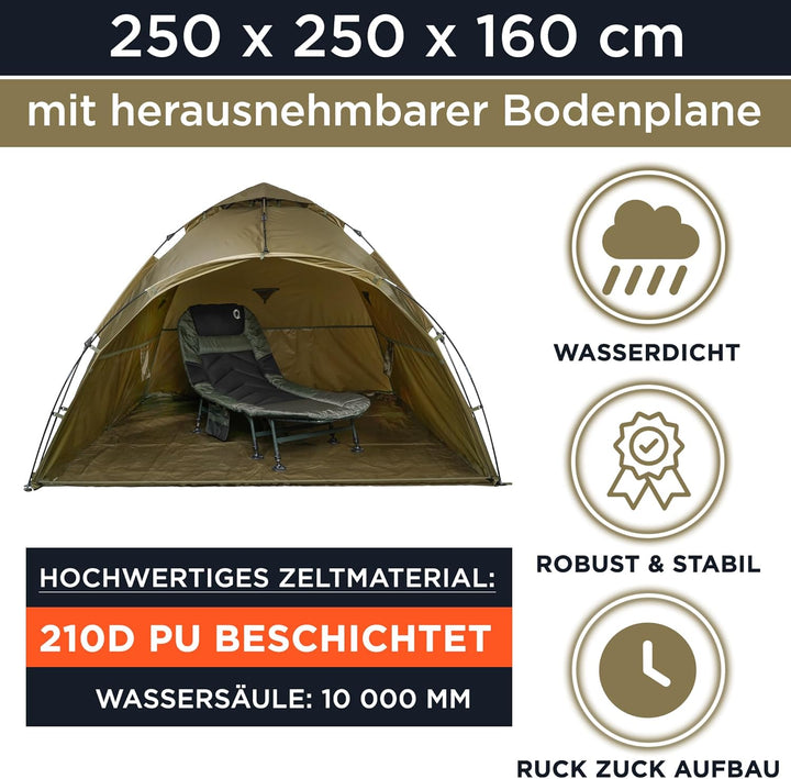 Q-Tac Ruck Zuck Bivvy Angelzelt Vorne Geöffnet, 2 Mann Karpfenzelt, Angel Zelt 250 cm x 250 cm x 160