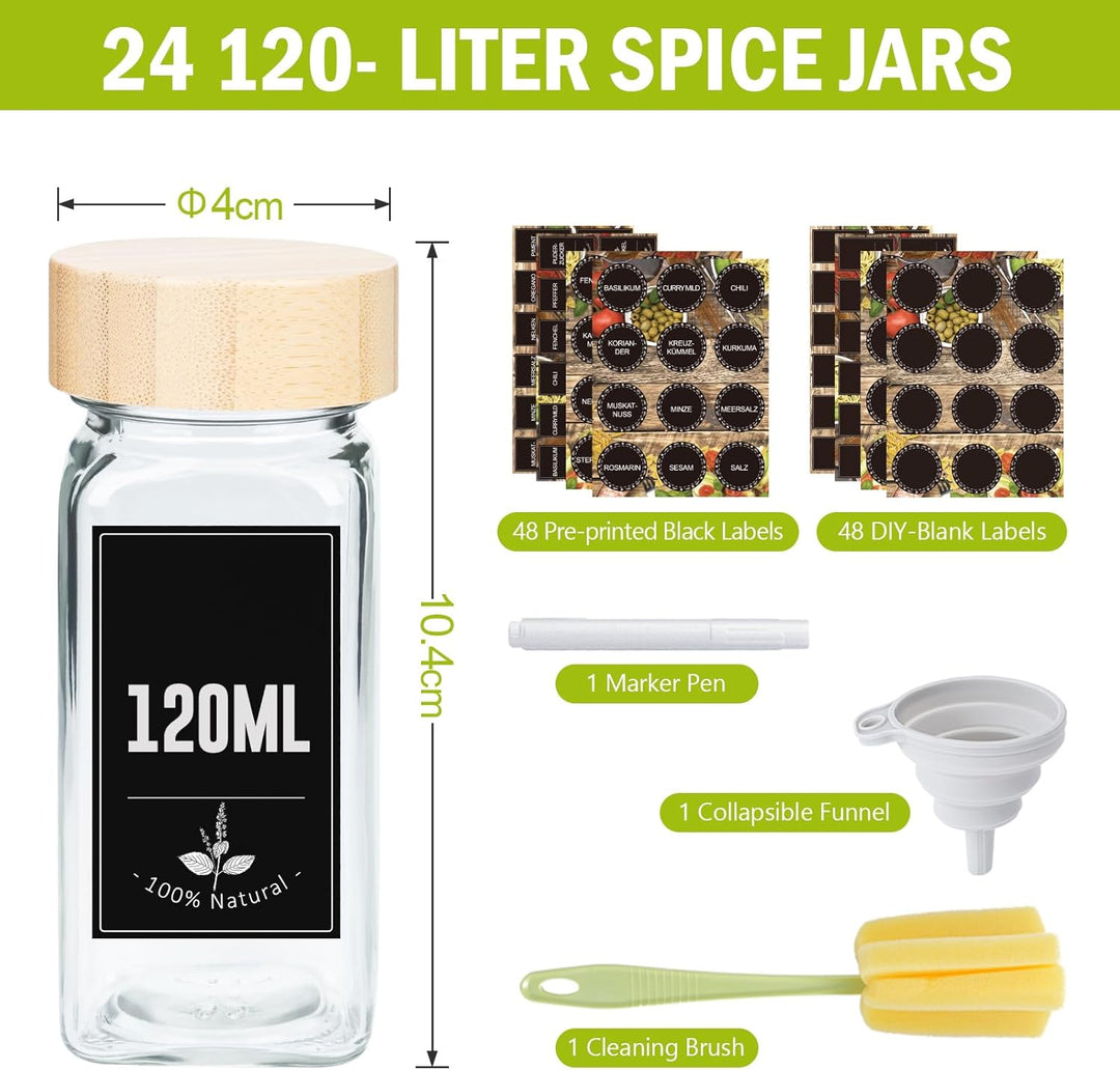 Ferghana Gewürzgläser Eckig Set,24x120ml Gewürzdosen Set,Spice Jars mit Streueinsatz,Etiketten,Reini